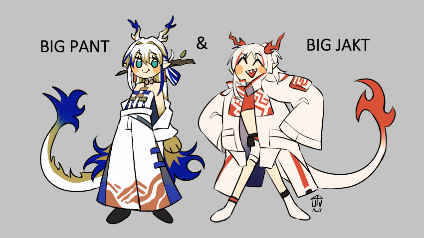 2girls, :d, ^_^, arknights, artist_name, big_pant_or_big_jakt_(meme), blonde_hair, blue_hair