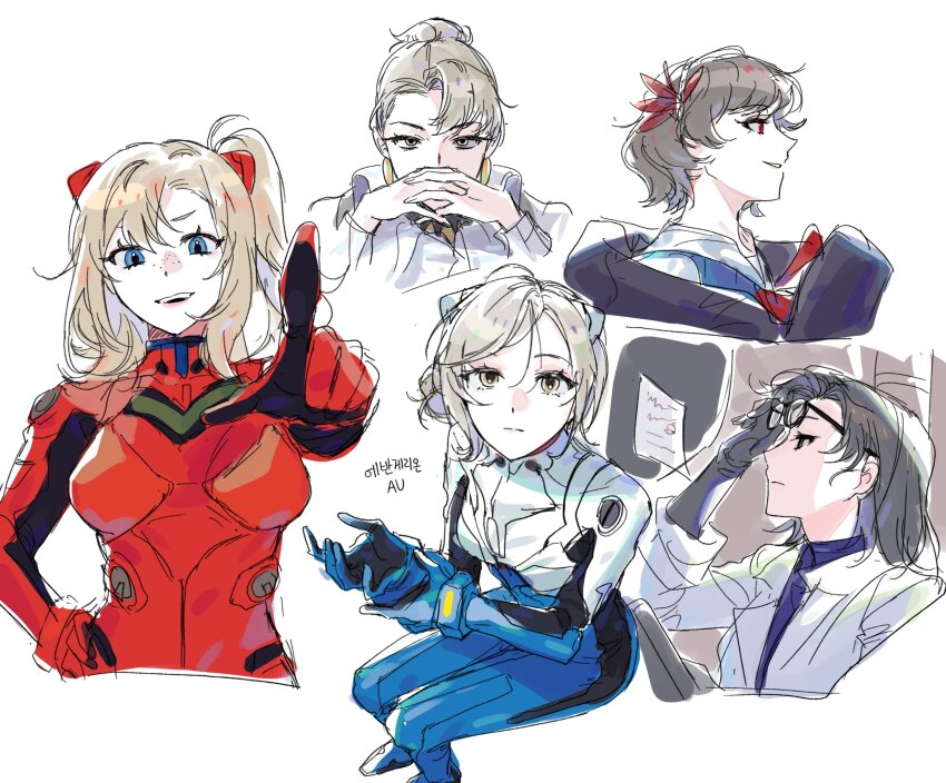 5girls, adjusting_eyewear, akagi_ritsuko, akagi_ritsuko_(cosplay), ayanami_rei, ayanami_rei_(cosplay), black_gloves, black_hair, blonde_hair, blue_bodysuit, blue_eyes, bodysuit, brown_hair, closed_mouth, coat, constantine_(reverse:1999), cosplay, earrings, expressionless, freckles, gendou_pose, glasses, gloves, grey_eyes, grey_hair, gyeol_124, hair_bun, hand_on_own_hip, hands_clasped, highres, interface_headset_(evangelion), jewelry, korean_commentary, korean_text, looking_at_viewer, matilda_bouanich, mecha_pilot_suit, multiple_girls, neon_genesis_evangelion, one_side_up, own_hands_clasped, own_hands_together, parted_lips, plugsuit_(evangelion), pointing, pointing_at_viewer, red_bodysuit, red_eyes, reverse:1999, schneider_(reverse:1999), school_uniform, short_hair, single_side_bun, skin_tight, smile, souryuu_asuka_langley, souryuu_asuka_langley_(cosplay), translation_request, vertin_(reverse:1999), white_background, white_coat, z_(reverse:1999)