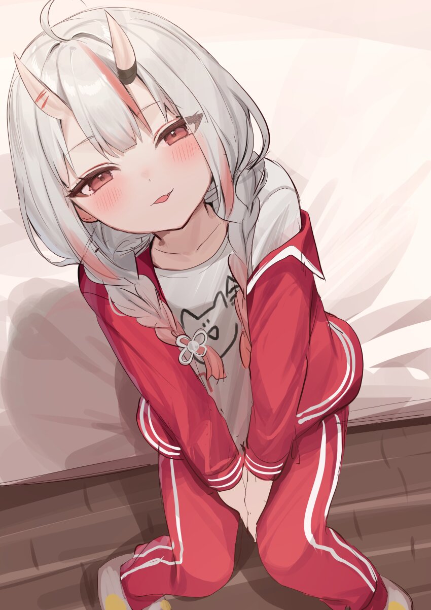 1girl, absurdres, ahoge, bed, braid, from_above, grey_hair, highres