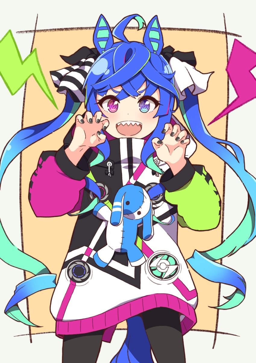 1girl, ahoge, animal_ears, aqua_hair, black_bodysuit, black_nails, black_ribbon, blue_eyes