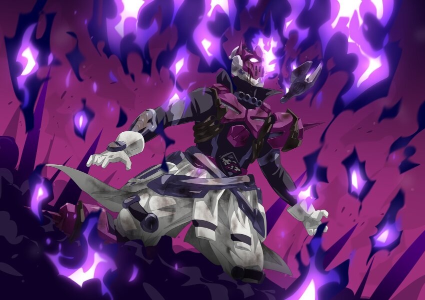 1boy, armor, armored_boots, asymmetrical_armor, bolt_(hardware), boots, burning, defeat