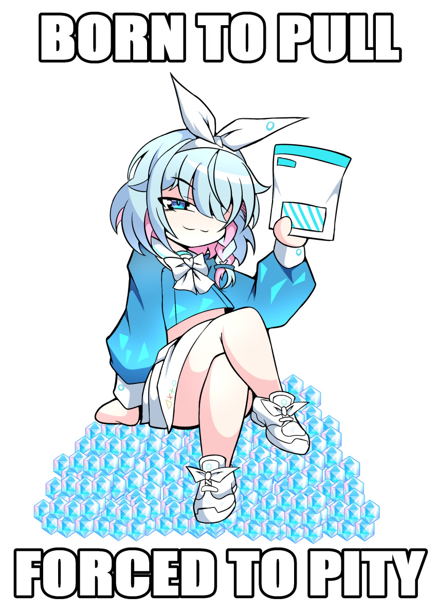 1girl, :3, absurdres, arona_(blue_archive), blue_archive, blue_eyes, blue_hair, blue_pupils, blue_shirt, born_to_x_forced_to_y_(meme), bow, bow_hairband, braid, closed_mouth, colored_inner_hair, commentary, crossed_legs, english_commentary, english_text, envelope, full_body, gacha_suffering, hair_ribbon, hairband, highres, holding, holding_envelope, image_macro_(meme), impact_(font), light_blue_hair, littlepengo, long_sleeves, meme, miniskirt, multicolored_hair, pink_hair, puffy_long_sleeves, puffy_sleeves, pyroxene_(blue_archive), ribbon, sailor_collar, school_uniform, serafuku, shirt, shirt_bow, shoes, side_braid, simple_background, single_braid, sitting, skirt, sneakers, solo, split_mouth, transparent_background, two-tone_hair, white_bow, white_hairband, white_ribbon, white_sailor_collar, white_shoes, white_skirt