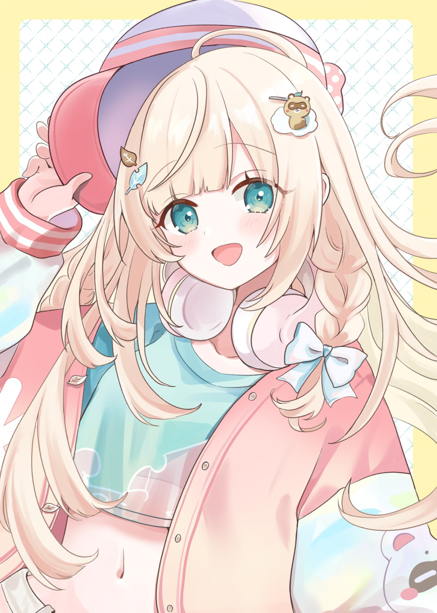 1girl, :d, aqua_shirt, backwards_hat, baseball_cap, blonde_hair, blue_eyes, blunt_bangs