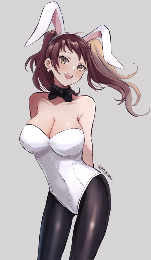 1girl, :d, animal_ears, arms_behind_back, bare_shoulders, black_choker, black_pantyhose, bow
