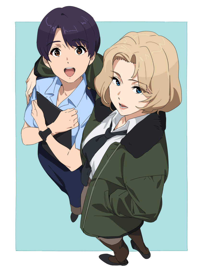 2girls, black_hair, blue_shirt, brown_hair, highres, honoka_suzunagi, kamo_kamen, karen_aldrin, looking_at_viewer, multiple_girls, open_mouth, selfie, shirt, shoes, short_hair, simple_background, smile, uniform, watch, wristwatch, yuuki_bakuhatsu_bang_bravern