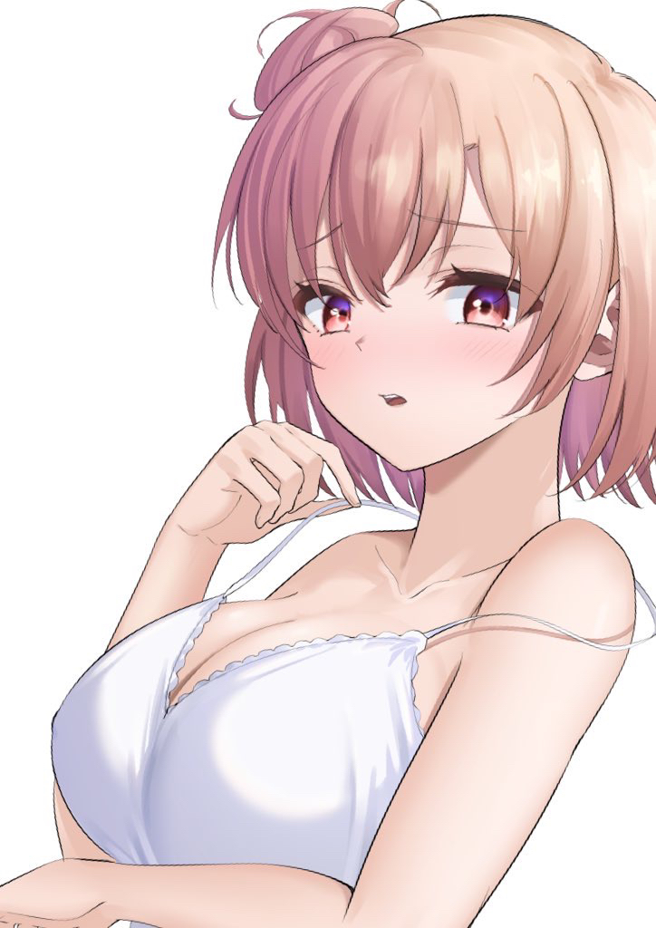 1girl, akane_(tgixb), arm_under_breasts, breasts, cleavage, collarbone, dress, hair_bun, hand_up, large_breasts, looking_at_viewer, parted_lips, pink_hair, short_hair, single_hair_bun, single_side_bun, sleeveless, sleeveless_dress, solo, teeth, upper_teeth_only, white_dress, yahari_ore_no_seishun_lovecome_wa_machigatteiru., yuigahama_yui
