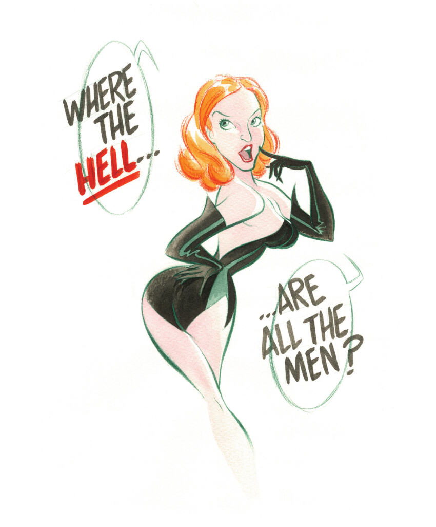 1girl, ass, bare_shoulders, bill_presing, breasts, dc_comics, elbow_gloves, english_text, gloves, green_eyes, green_gloves, green_leotard, highres, leotard, looking_back, medium_breasts, open_mouth, orange_hair, poison_ivy, simple_background, solo, speech_bubble, white_background