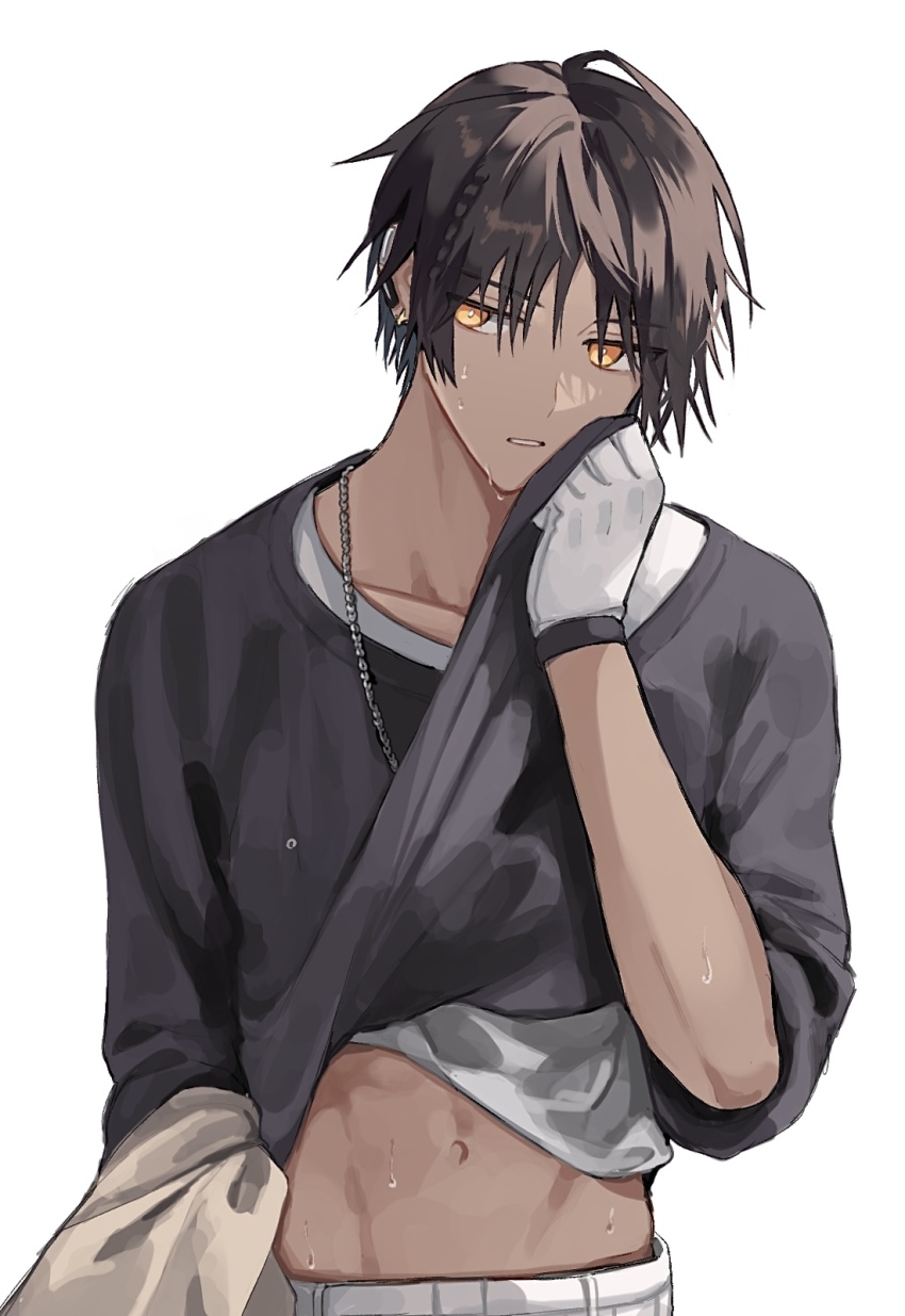 1boy, arknights, black_shirt, brown_hair, brown_jacket, clothes_lift, commentary_request, dark-skinned_male