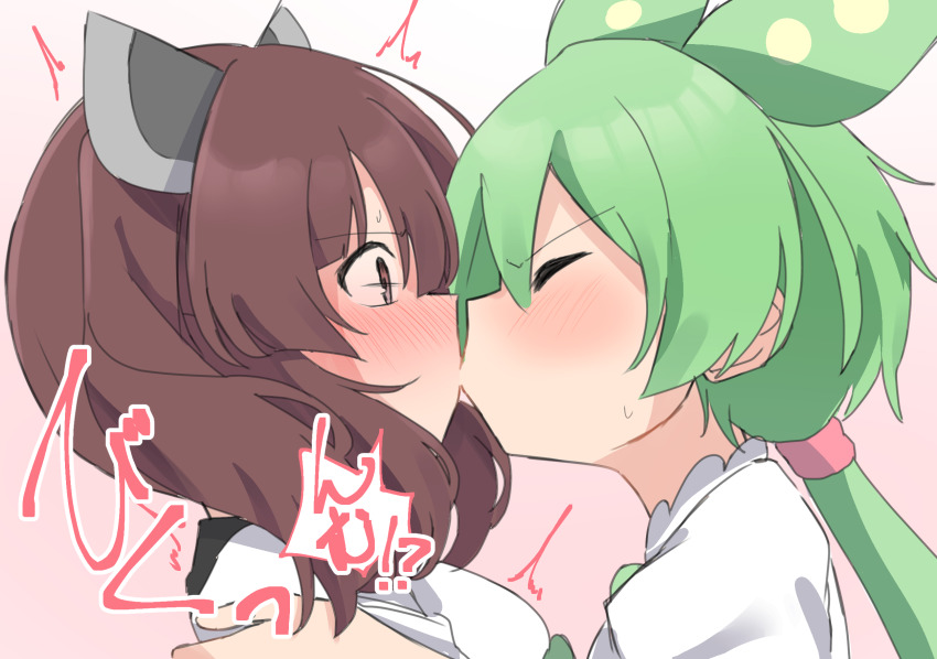 !?, 2girls, animal_ears, blunt_bangs, blush, brown_eyes, brown_hair, closed_eyes