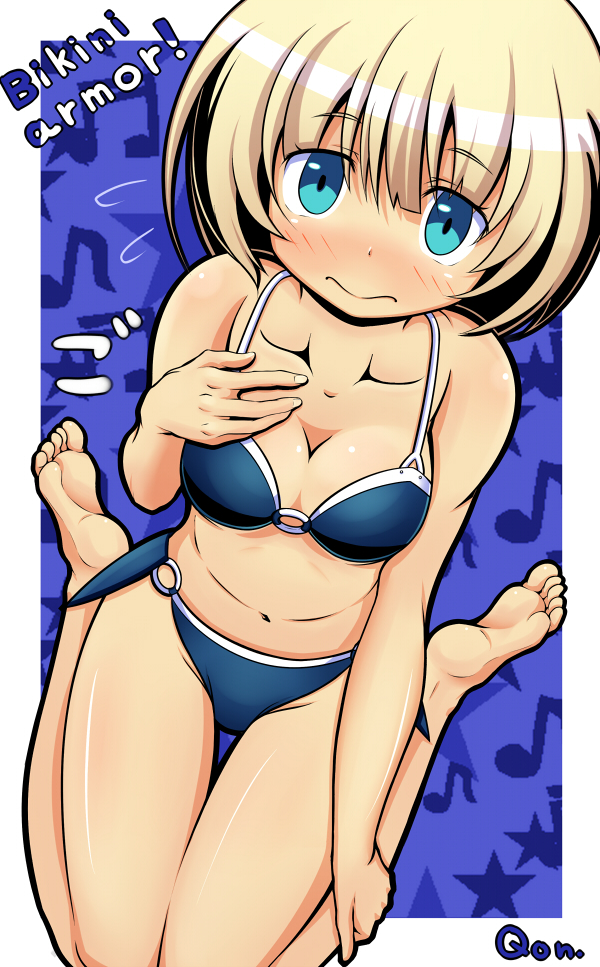 1girl, atlus, bare_shoulders, barefoot, bikini, blonde_hair, blue_eyes, blush