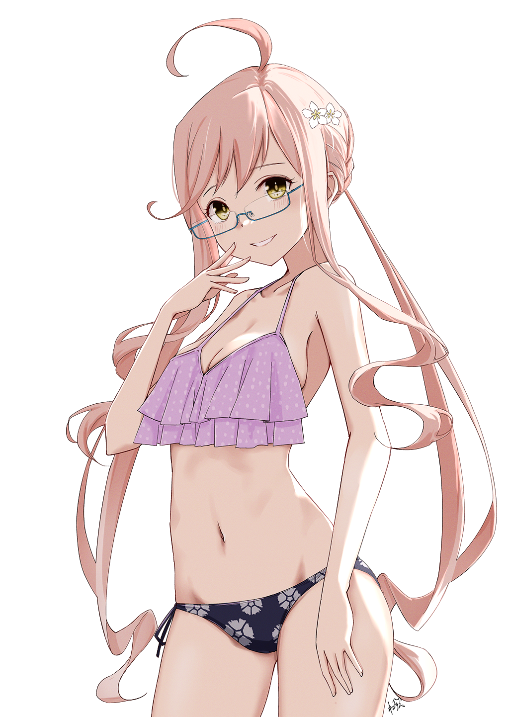 1girl, ahoge, bikini, braid, cowboy_shot, crown_braid, floral_print, frilled_bikini