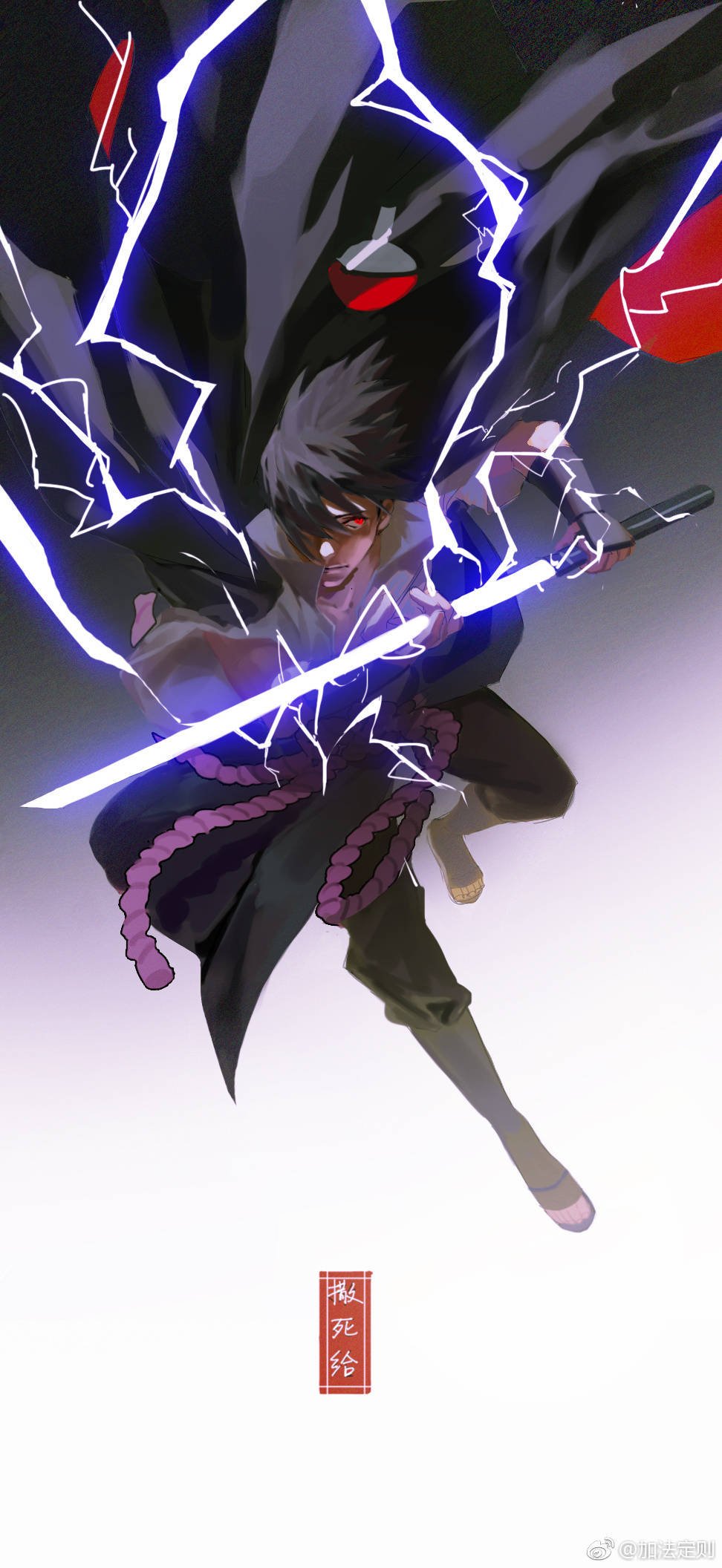 1boy, black_hair, closed_mouth, collarbone, commentary, electricity, full_body, gradient_background, hair_over_one_eye, highres, holding, holding_sword, holding_weapon, looking_to_the_side, male_focus, naruto_(series), red_eyes, redsakaone, short_hair, solo, sword, toeless_footwear, translation_request, uchiha_sasuke, weapon