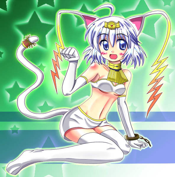 ahoge, animal_ears, bare_shoulders, blue_eyes, blush, cat_ears, cat_tail, duel_monster, gloves, happy, lyna_the_light_charmer, midriff, open_mouth, personification, rinyan_lightsworn_rogue, short_hair, tail, thighhighs, white_hair, yu-gi-oh!, yu-gi-oh!_duel_monsters