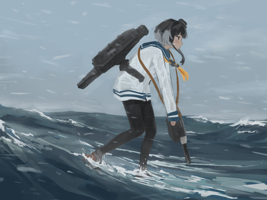 1girl, black_hair, black_pantyhose, dress, from_side, full_body, gradient_hair, hat