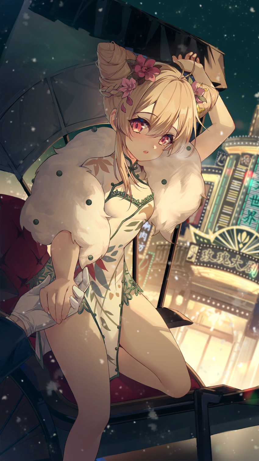 1girl, 1other, :o, antenna_hair, arm_up, bare_arms, bare_legs, blonde_hair