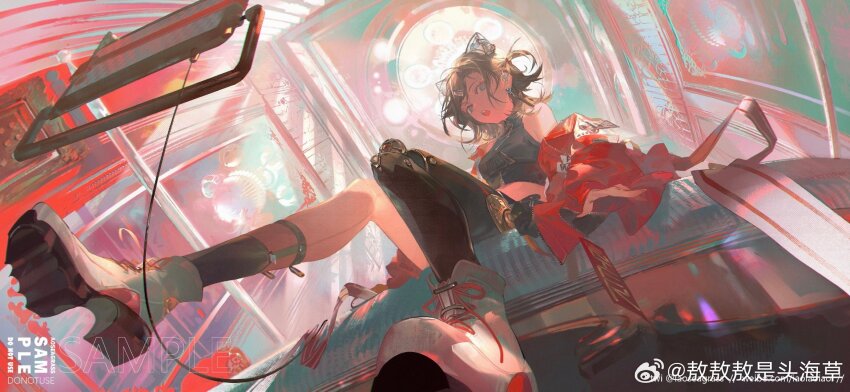 1girl, :o, aoseagrass, bare_shoulders, boots, brown_hair, ceiling_light, character_request