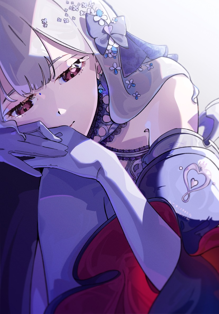 1girl, blunt_bangs, bow, flower, gin_s, gloves, grey_hair, hair_bow