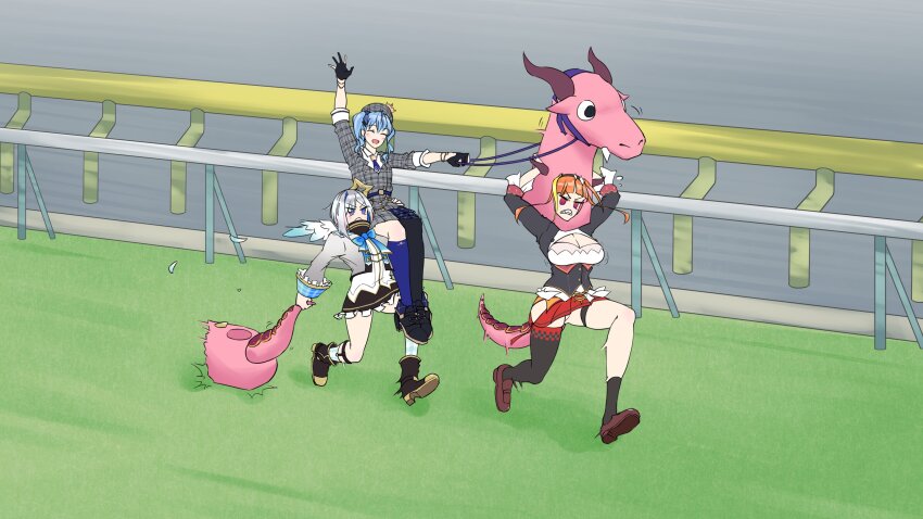 3girls, amane_kanata, asymmetrical_legwear, black_footwear, black_gloves, black_thighhighs, blue_socks, boots