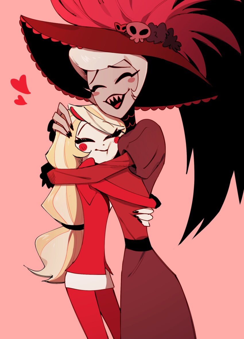 2girls, blonde_hair, charlie_morningstar, closed_eyes, grey_hair, hat, hazbin_hotel, height_difference