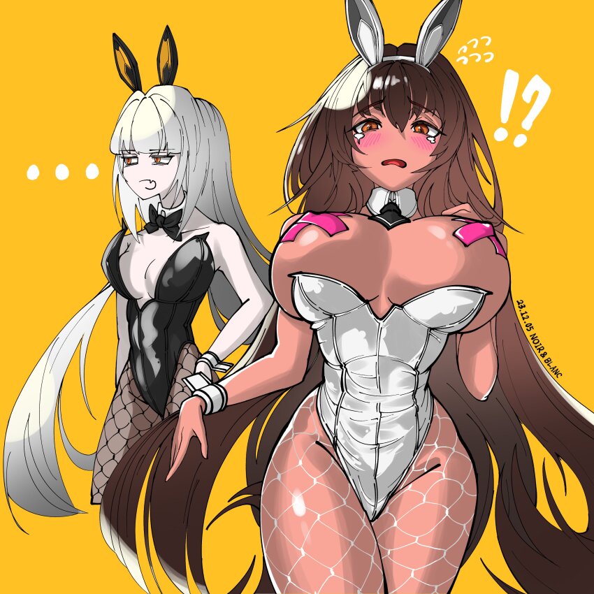 !?, ..., 2girls, absurdres, aludoru, animal_ears, blanc_(nikke), blush