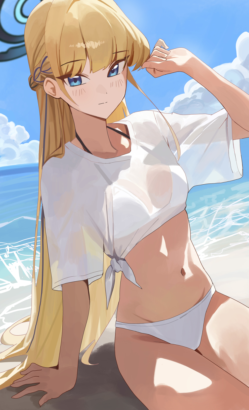 1girl, absurdres, arm_support, beach, bikini, blonde_hair, blue_archive, blue_eyes