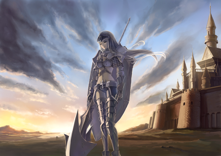 1girl, armor, backlighting, bikini_armor, boots, castle, cloud, evening, female_focus, gauntlets, grey_hair, helmet, horizon, long_hair, navel, norapeko, polearm, ragnarok_online, royal_guard_(ragnarok_online), shield, shoulder_pads, sky, solo, soraku, spear, standing, sunset, thigh_boots, thighhighs, tower, wall, weapon, wind