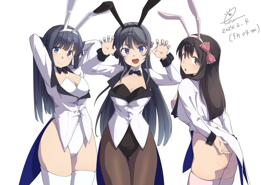 3girls, animal_ears, arms_behind_back, arms_behind_head, ass, bare_shoulders, black_bow, black_bowtie
