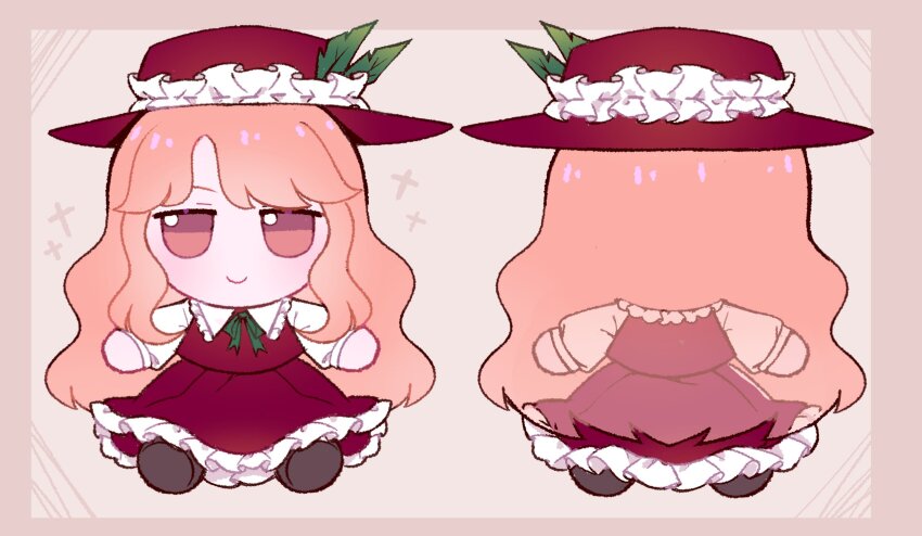 1girl, black_footwear, blonde_hair, brown_headwear, brown_skirt, brown_vest, closed_mouth, commentary, dreamysuite, fedora, frilled_hat, frilled_shirt_collar, frills, full_body, fumo_(doll), green_ribbon, hat, hat_feather, highres, jacket_girl_(dipp), jitome, long_hair, multiple_views, neck_ribbon, ribbon, shirt, sidelocks, skirt, skirt_set, smile, touhou, very_long_hair, vest, white_shirt, yellow_eyes