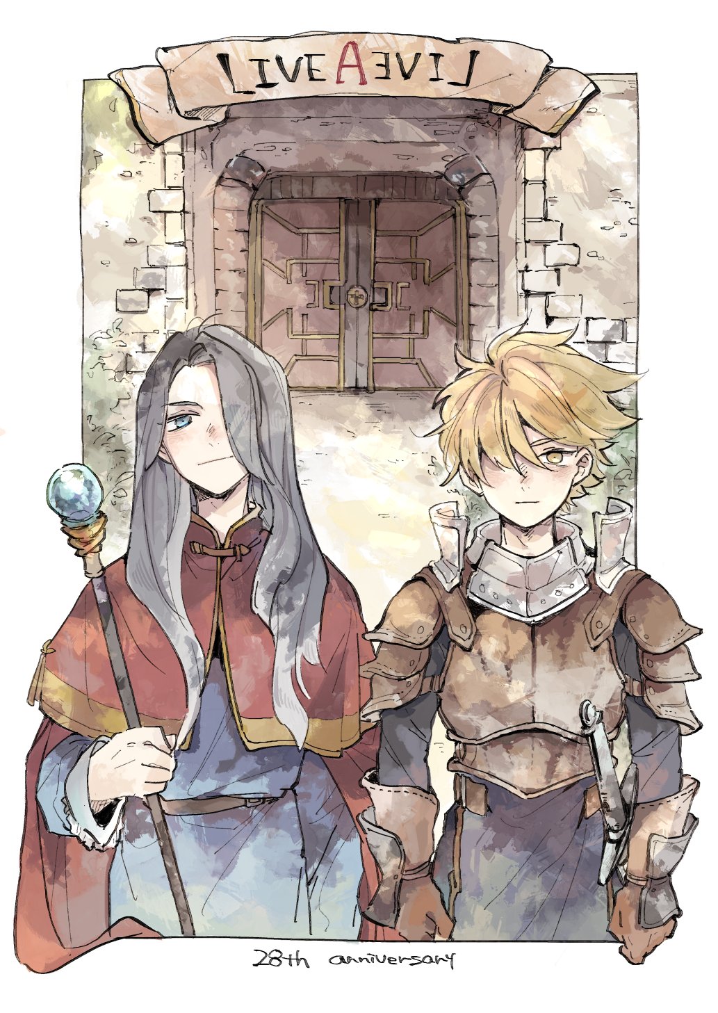 2boys, anniversary, armor, arms_at_sides, black_hair, blonde_hair, blue_eyes, blue_robe