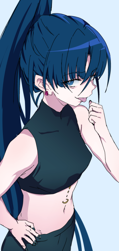 1girl, ado_(utaite), black_nails, blue_background, blue_eyes, blue_hair, breasts, cloud_nine_inc