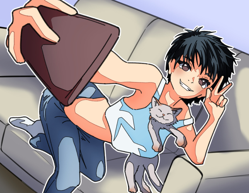 1girl, alphard_(pixiv_82258577), black_hair, brown_eyes, cat, couch, denim, highres, indoors, jeans, looking_at_viewer, midriff, pants, selfie, shirt, short_hair, sleeveless, sleeveless_shirt, smile, socks, to-y, v, white_shirt, yamada_niya