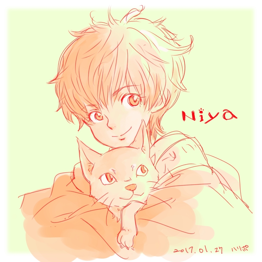 1girl, cat, character_name, dated, harry_(kamome1398), short_hair, smile, solo