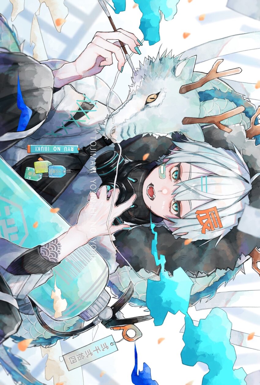 1boy, arm_tattoo, artist_name, bag, bandaid, bandaid_on_cheek, bandaid_on_face, black_bag, blue_eyes, blue_hair, blue_nails, blue_theme, breath, chinese_zodiac, dragon, eastern_dragon, fangs, fanny_pack, fire_extinguisher, fur-trimmed_hood, fur_trim, gradient_hair, hair_between_eyes, hair_ornament, hairpin, hands_up, highres, holding, hood, hood_up, horned_hood, horns, japanese_clothes, kariginu, long_sleeves, looking_at_viewer, male_focus, mask, mask_around_neck, mojamoja_00, multicolored_hair, new_year, open_mouth, original, respirator, seigaiha, short_hair, sideways, skin_fangs, slit_pupils, solo, tattoo, text_hair_ornament, translation_request, unworn_mask, upper_body, white_background, wide_sleeves, year_of_the_dragon