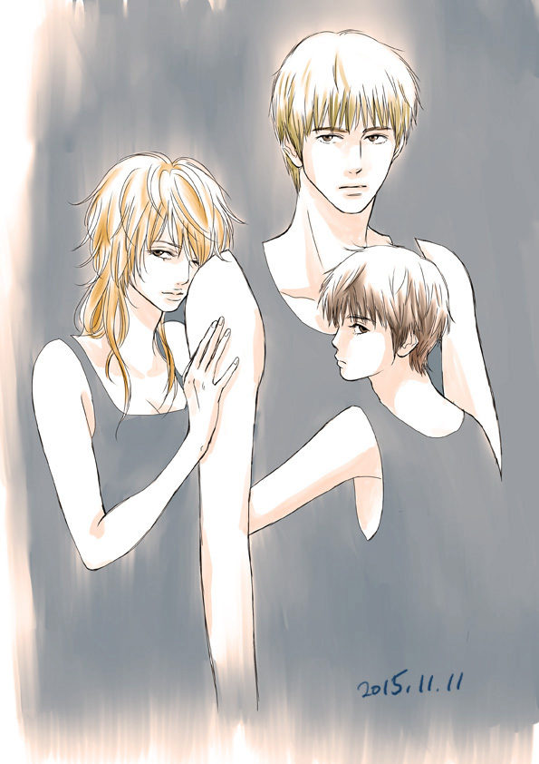 1boy, 2girls, bajikko_(umabaji), blonde_hair, breasts, brown_eyes, brown_hair, cleavage, dated, dated_commentary, fujii_to-y, grey_background, hand_up, hetero, hug, koishikawa_hidero, long_hair, medium_breasts, multiple_girls, shirt, short_hair, sleeveless, sleeveless_shirt, tank_top, to-y, yamada_niya