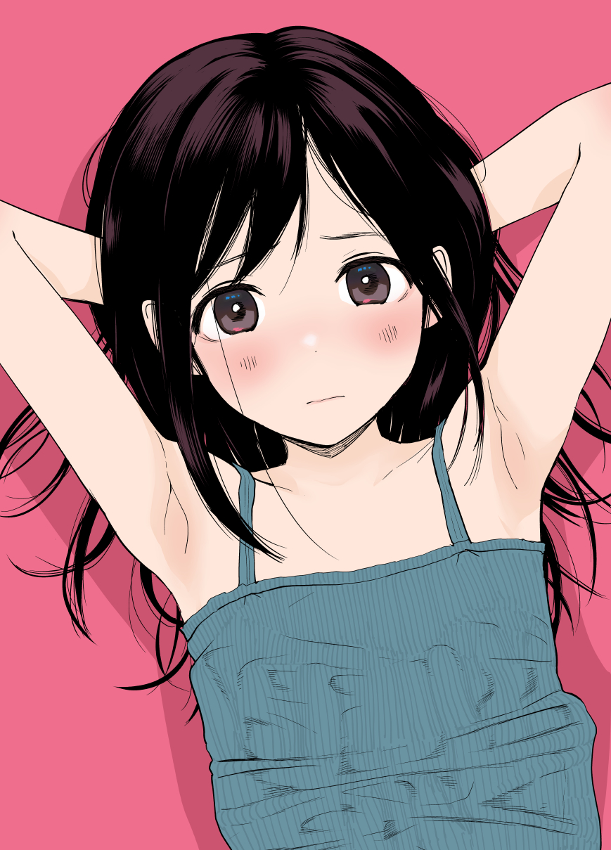 1girl, 1other, armpits, arms_behind_head, arms_up, bare_shoulders, black_hair, blush