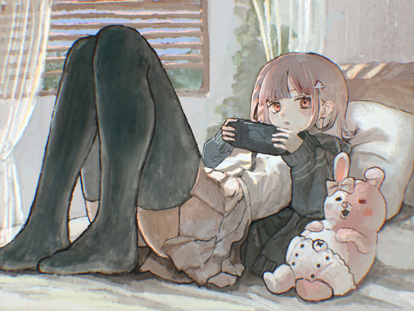 1girl, black_jacket, black_shirt, black_thighhighs, blush, bow, brown_eyes, brown_hair