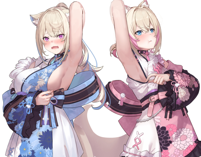 2girls, :t, animal_ear_fluff, animal_ears, arm_behind_head, arm_up, armpits, blonde_hair