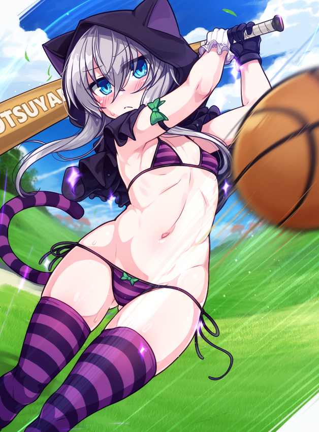 >:(, 1girl, animal_ears, animal_hood, armpits, ball, baseball_bat, basketball_(object), bikini, black_gloves, blue_eyes, blush, breasts, cat_ears, cat_hood, cat_tail, commentary_request, gloves, gluteal_fold, grey_hair, holding, holding_baseball_bat, hood, indie_virtual_youtuber, long_hair, nose_blush, otsuyama_heidi, outdoors, purple_bikini, purple_thighhighs, side-tie_bikini_bottom, sky, small_breasts, solo, sparkle, striped_bikini, striped_clothes, striped_thighhighs, sweatdrop, swimsuit, tail, thighhighs, umaway, v-shaped_eyebrows, virtual_youtuber, white_gloves