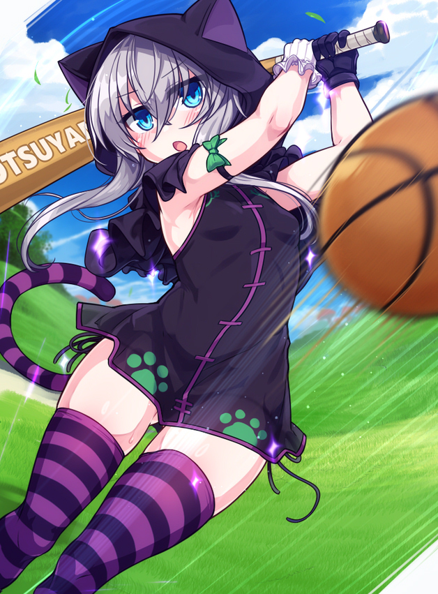 1girl, animal_ears, animal_hood, armpits, ball, baseball_bat, basketball_(object), black_gloves