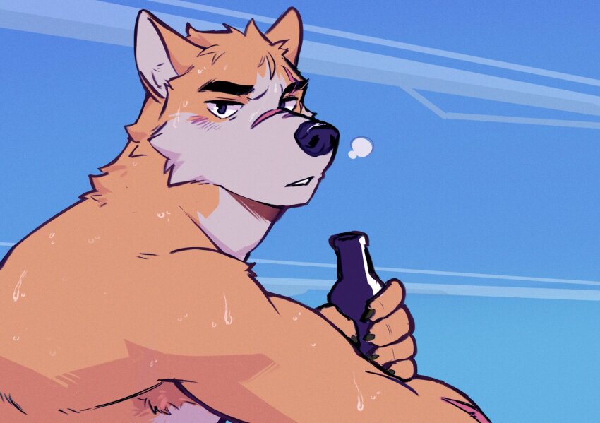 1boy, 9klipse, animal_ears, bara, black_eyes, blush, bottle, claws