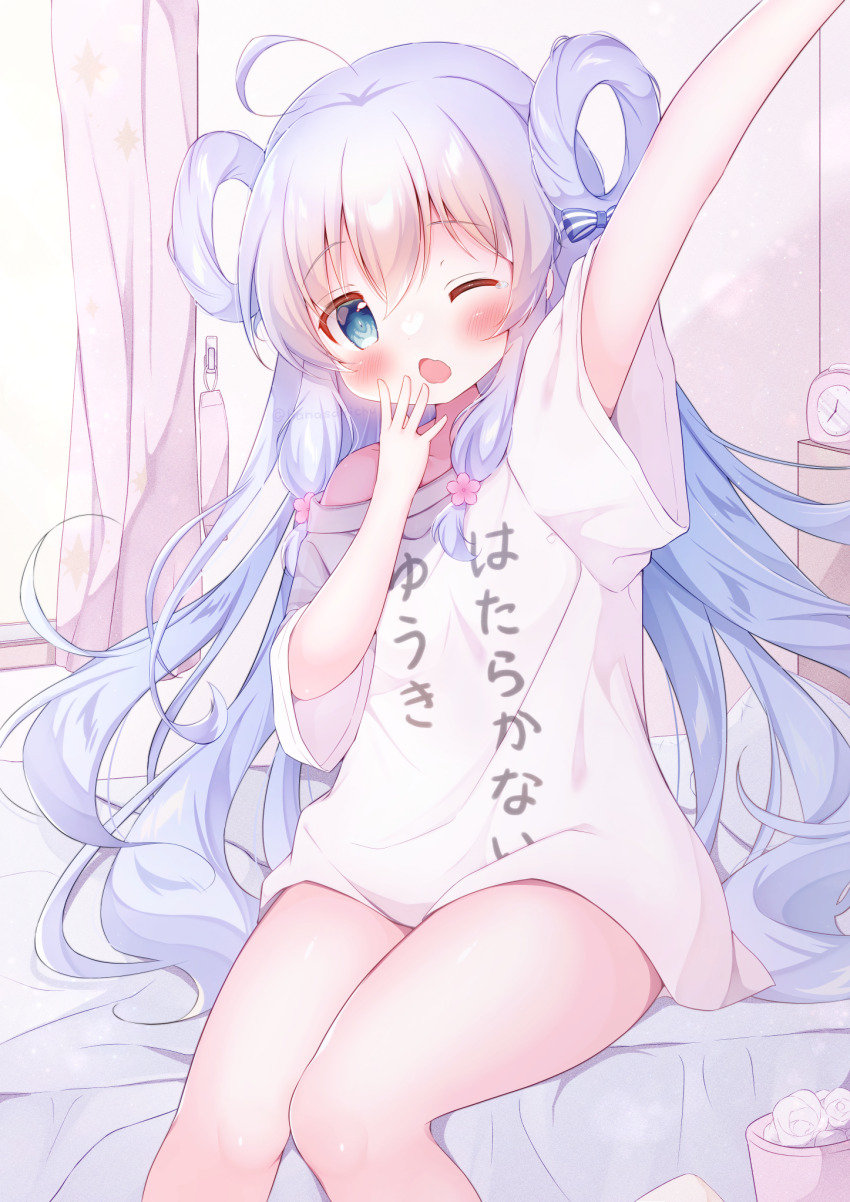 1girl, ;o, ahoge, artist_name, bare_legs, bedroom, blue_bow, blue_eyes