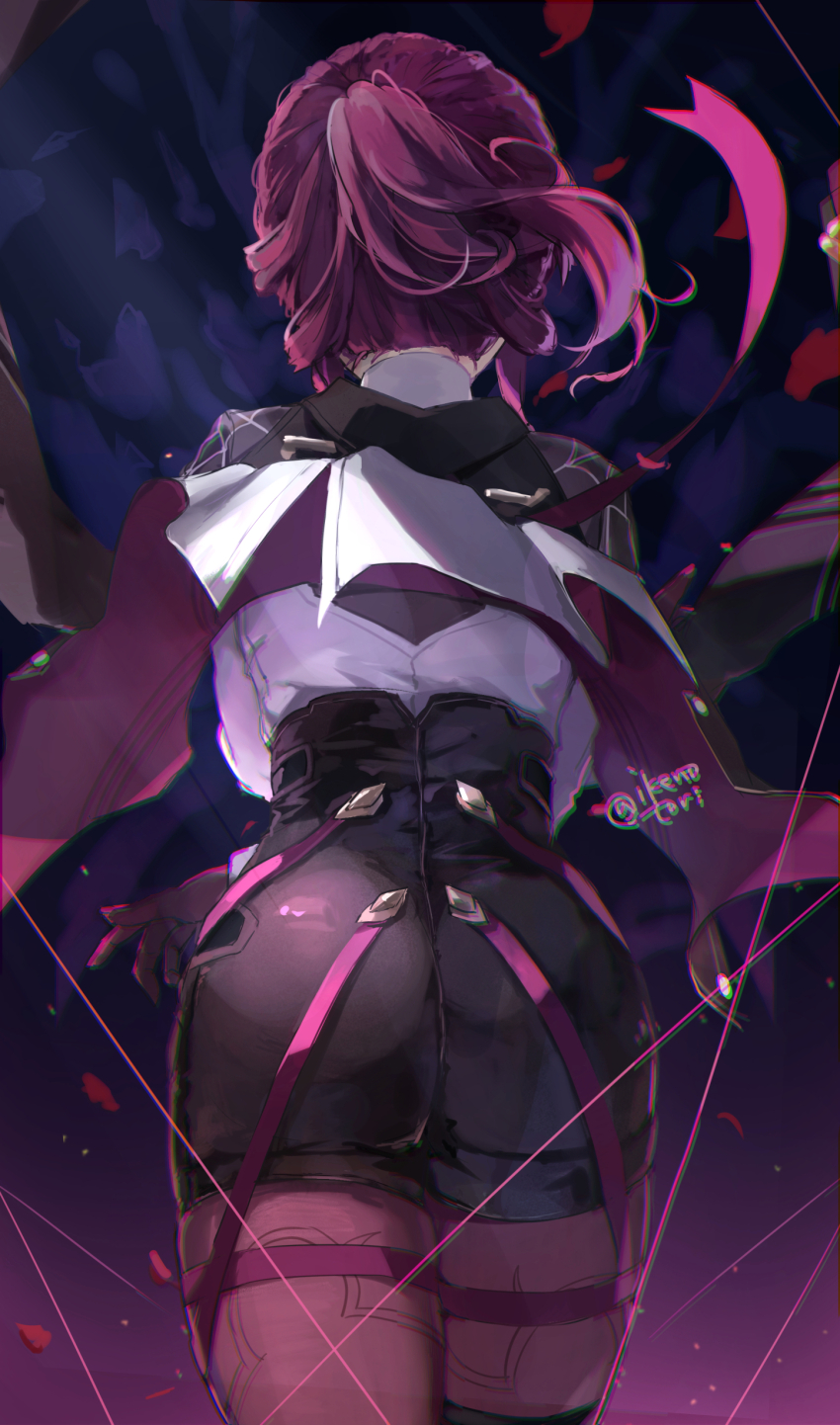 1girl, absurdres, ass, ass_focus, back, black_jacket, facing_away, gloves, high-waist_shorts, highres, honkai:_star_rail, honkai_(series), ikenotori, jacket, kafka_(honkai:_star_rail), long_hair, long_sleeves, pantyhose, pantyhose_under_shorts, ponytail, purple_gloves, purple_hair, purple_pantyhose, shirt, short_ponytail, shorts, sketch, solo, thighs, thread, white_shirt