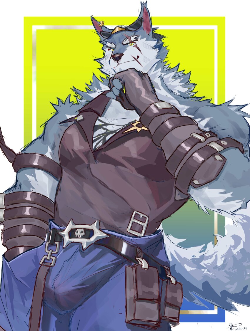 1boy, absurdres, animal_ears, bara, black_gloves, black_shirt, blue_pants, bulge