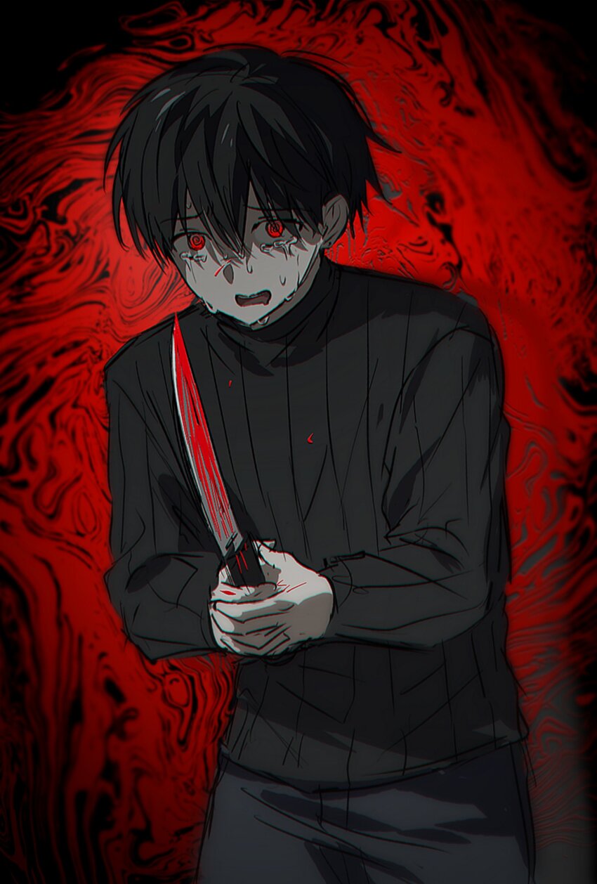 1boy, absurdres, black_background, black_hair, black_pants, black_sweater, blood, bloody_knife