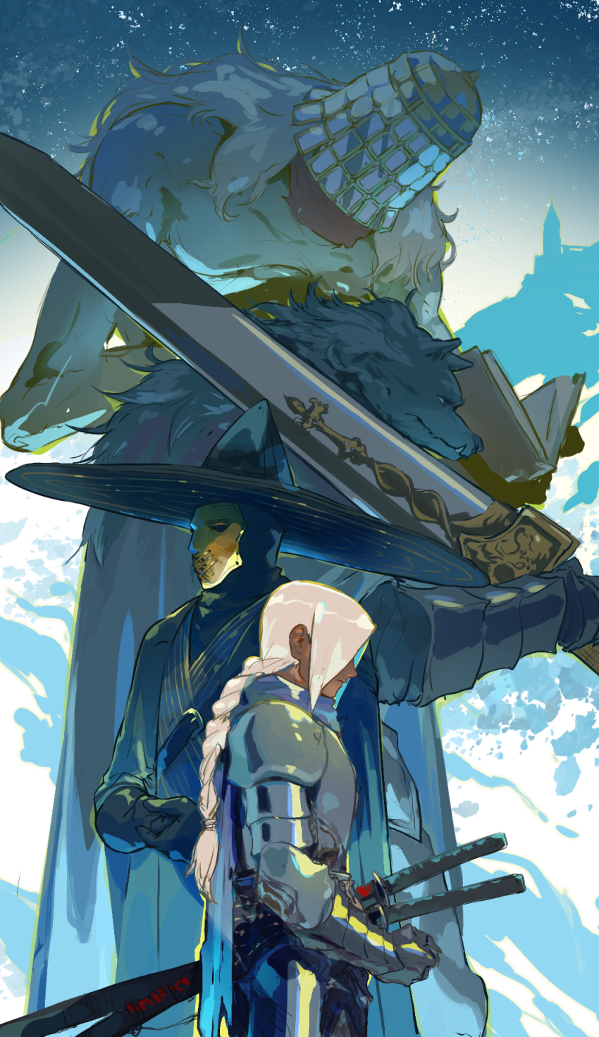 4boys, armor, black_gloves, black_headwear, blaidd_the_half-wolf, blue_scrunchie, braid, braided_ponytail