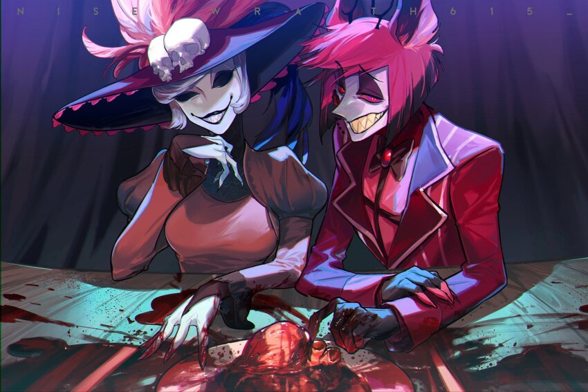 1boy, 1girl, alastor_(hazbin_hotel), animal_ears, antlers, artist_name, black_bow, black_bowtie