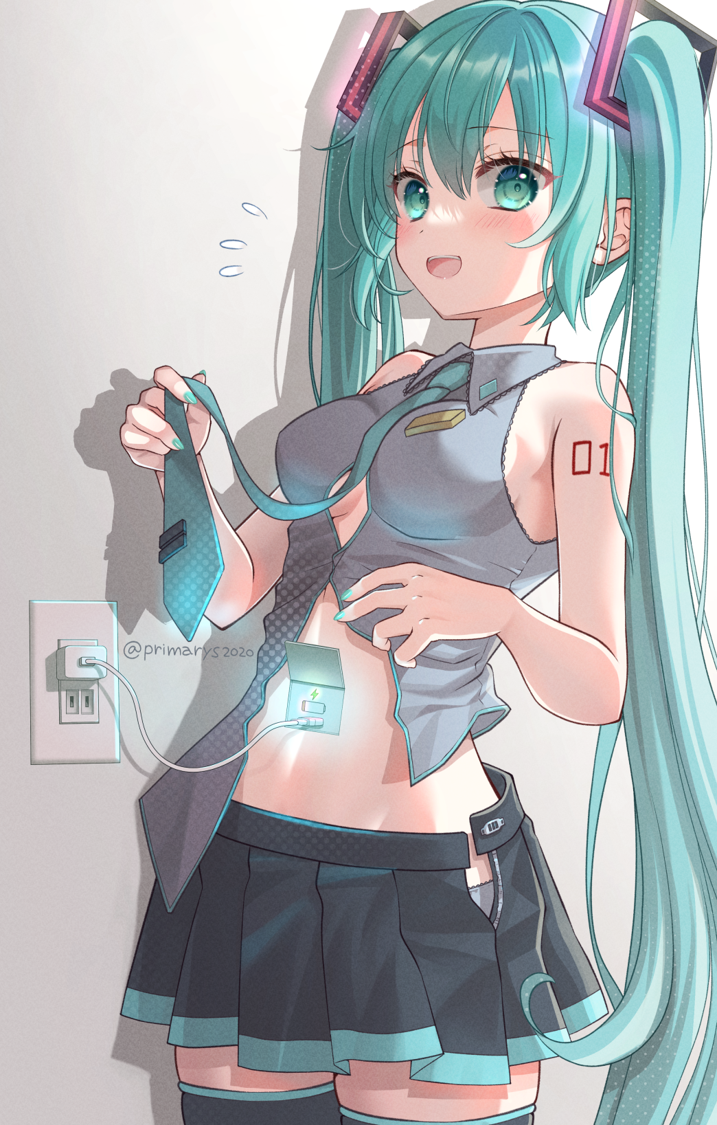 1girl, :d, android, aqua_eyes, aqua_hair, arm_tattoo, bare_arms, bare_shoulders, battery_indicator, between_breasts, black_skirt, black_thighhighs, blush, breasts, button_gap, cable, charger, clothes_between_breasts, clothes_lift, collared_shirt, drop_shadow, electrical_outlet, flying_sweatdrops, glowing, grey_background, grey_panties, grey_shirt, hair_between_eyes, hatsune_miku, highres, holding_necktie, kyuubi_mika, lightning_bolt_symbol, long_hair, looking_at_viewer, mechabare, medium_breasts, miniskirt, necktie, necktie_between_breasts, no_detached_sleeves, open_fly, open_mouth, panties, pleated_skirt, recharging, shirt, simple_background, skirt, skirt_lift, sleeveless, sleeveless_shirt, smile, solo, stomach, tattoo, thighhighs, tight_clothes, tight_shirt, twintails, twitter_username, underwear, very_long_hair, vocaloid, white_background, zettai_ryouiki