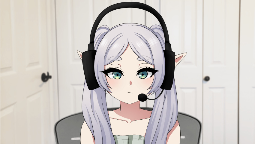 1girl, absurdres, elf, expressionless, frieren, green_eyes, grey_hair, headphones, highres, indoors, meme, microphone, pointy_ears, sad_linus_(meme), solo, sousou_no_frieren, the_only_shoe, twintails