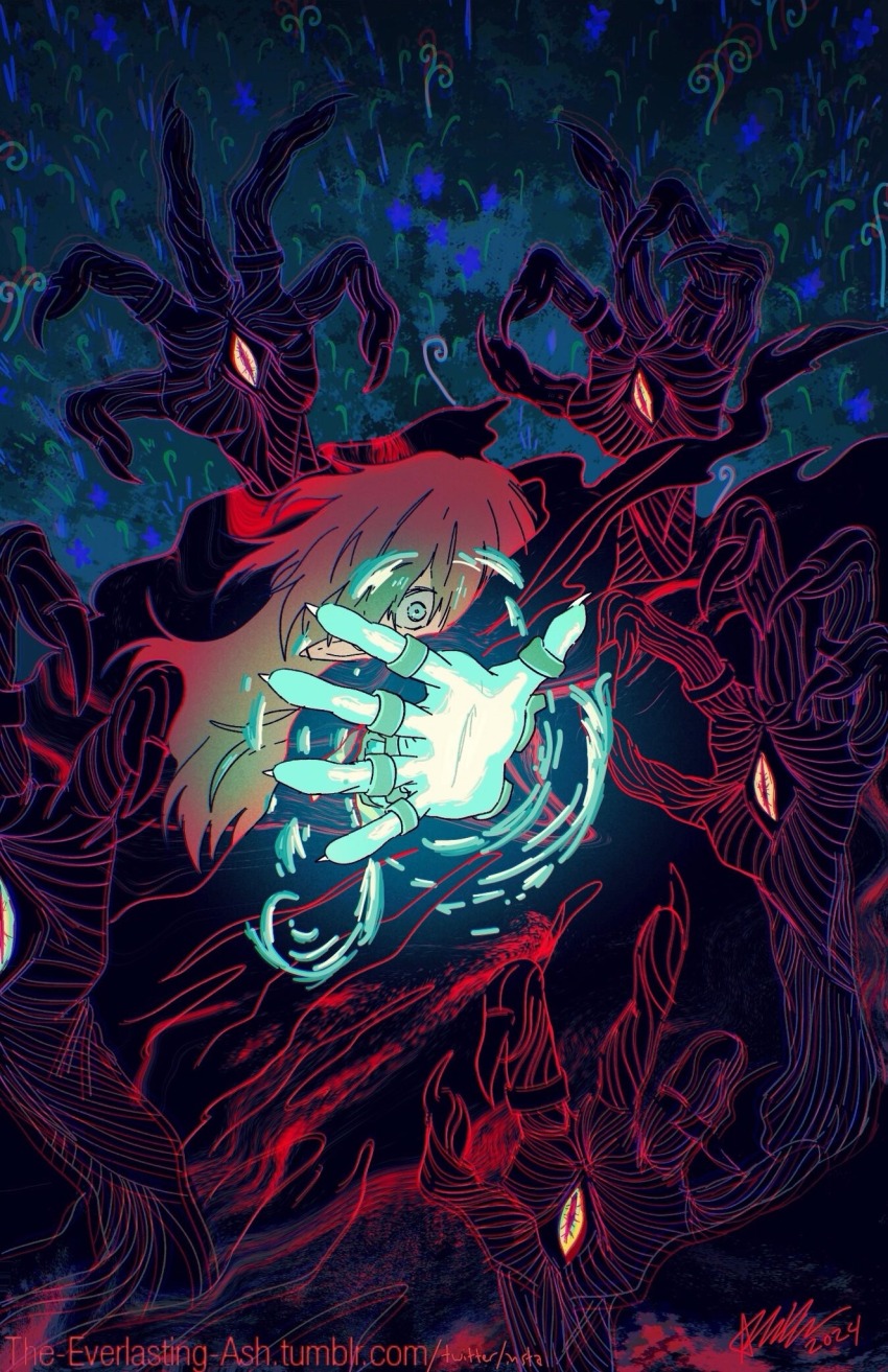 aura, black_sclera, blonde_hair, chromatic_aberration, colored_sclera, constricted_pupils, dark_aura, everlasting_ash, fingernails, gloom_spawn, glowing, glowing_hand, hand_eye, highres, jewelry, link, monster, multiple_rings, nintendo, open_hand, outstretched_arm, pointy_ears, ring, sharp_fingernails, slit_pupils, the_legend_of_zelda, the_legend_of_zelda:_tears_of_the_kingdom, yellow_eyes