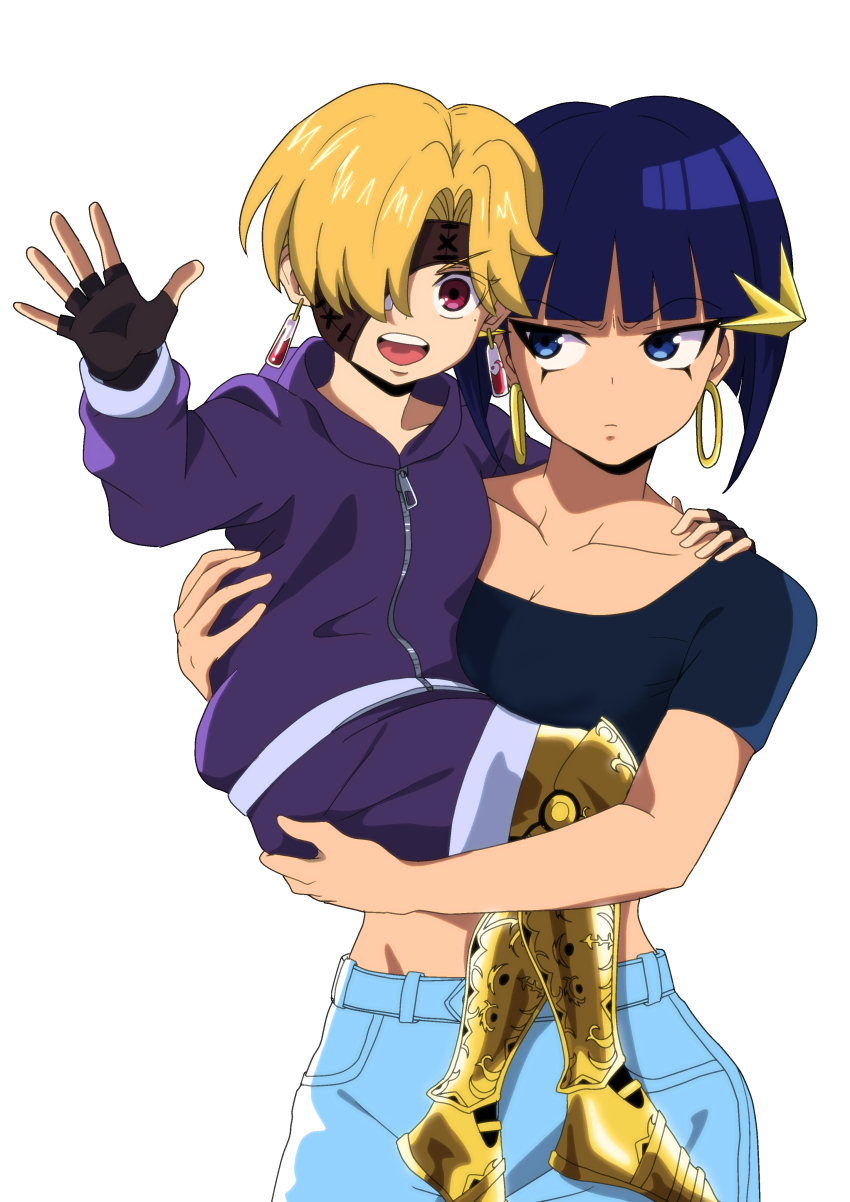 1boy, 1girl, absurdres, age_difference, aged_down, black_gloves, blonde_hair, blue_eyes, blue_hair, blue_pants, breasts, carrying, carrying_person, cleavage, closed_mouth, commentary_request, crop_top, dark_blue_hair, earrings, eyeliner, eyepatch, fingerless_gloves, floating_earrings, gloves, hair_ornament, highres, hood, hoodie, hoop_earrings, jewelry, latla_mirah, looking_at_viewer, makeup, mechanical_legs, medium_breasts, open_mouth, pants, purple_hoodie, purple_shorts, red_eyes, rip_(undead_unluck), rune_yui, short_hair, shorts, simple_background, smile, undead_unluck, waving, white_background